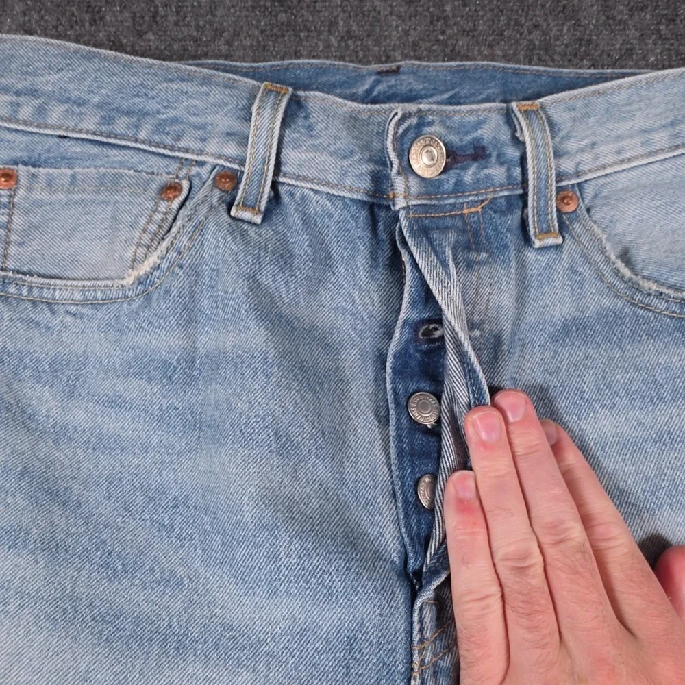 Levis Premium Selvedge 501 Jeans Mens 32x32 Blue Distressed Whiskered Button Fly